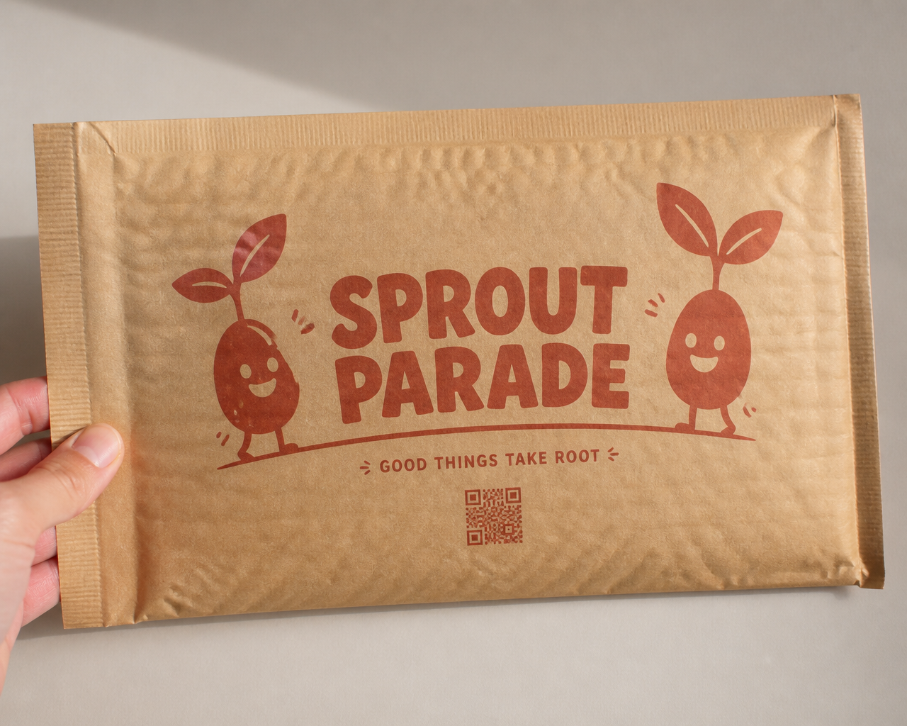 Kraft padded mailer printed with a colorful brand character logo