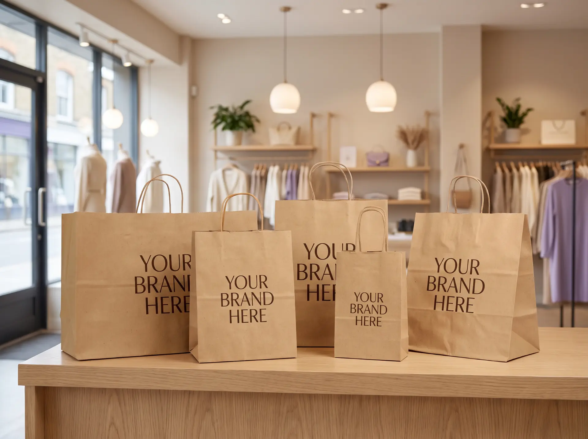 Kraft paper bags with twisted handles in four sizes on a boutique counter