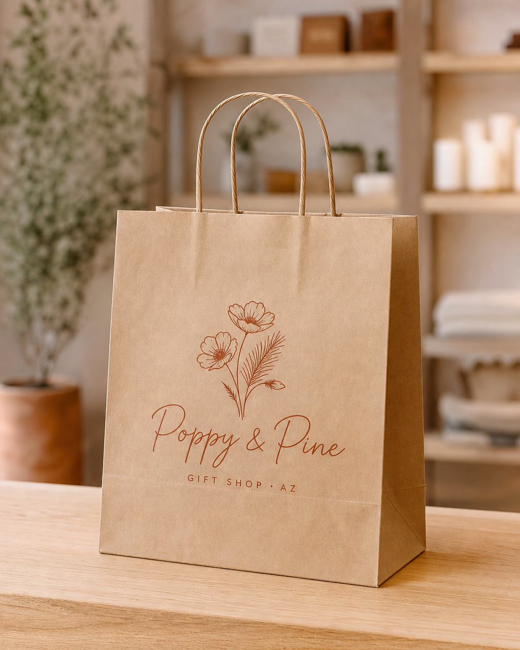 Kraft paper shopping bag with twisted kraft handles printed with a gift shop logo