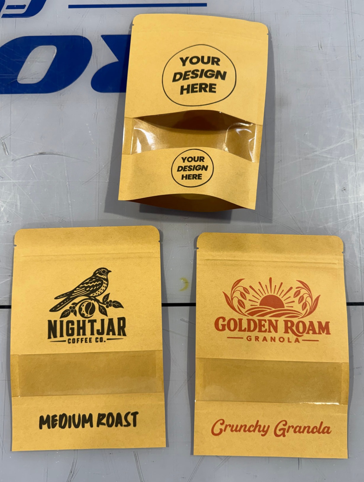 Custom printed kraft stand-up pouches for coffee and snack brands