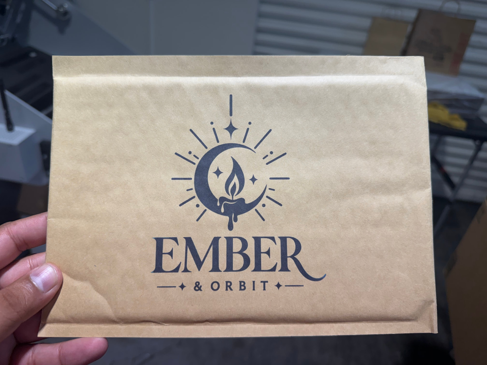 Kraft padded mailer printed with a candle brand logo in one ink color