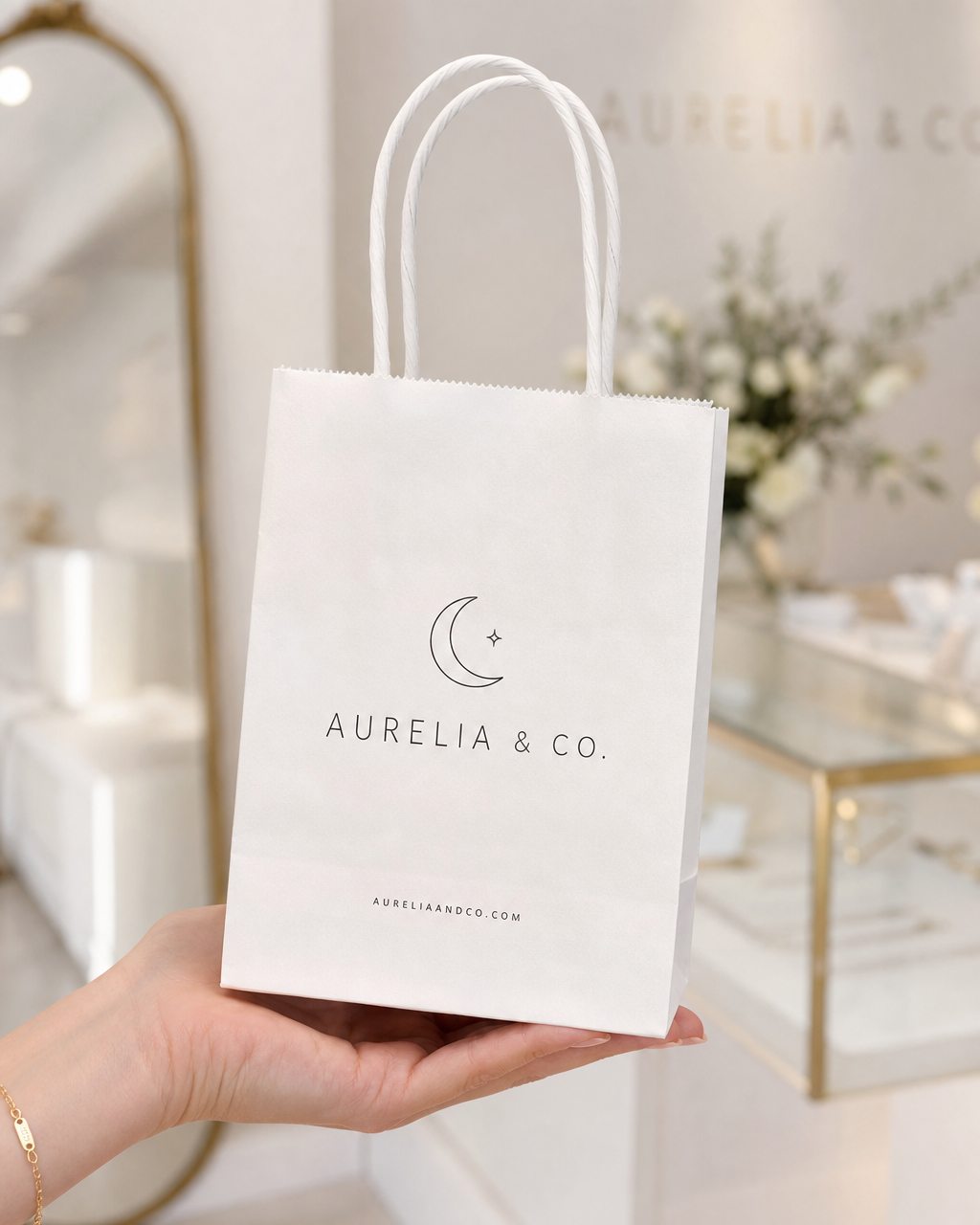 Small white paper gift bag with twisted handles printed with a jewelry boutique logo