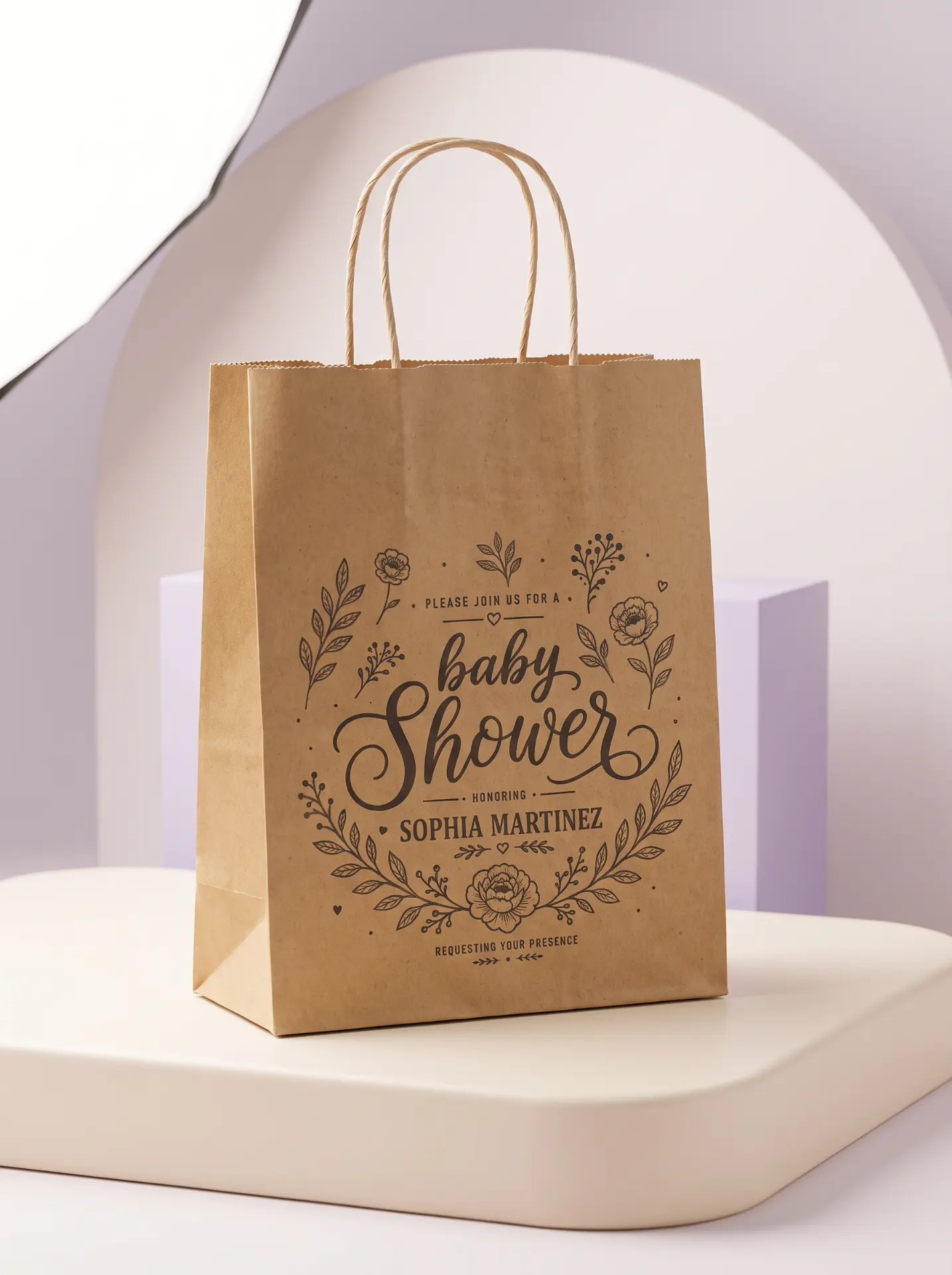 Kraft gift bag with handles printed with a personalized celebration design