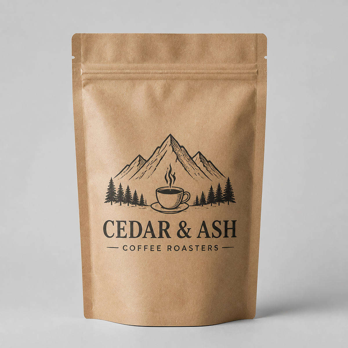 Kraft resealable stand-up pouch printed with a one-color coffee roaster logo