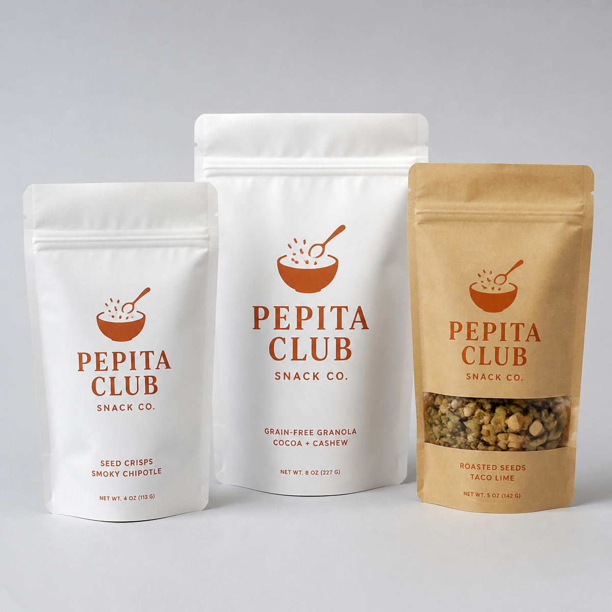 White and kraft stand-up pouches in multiple sizes printed with a snack brand logo
