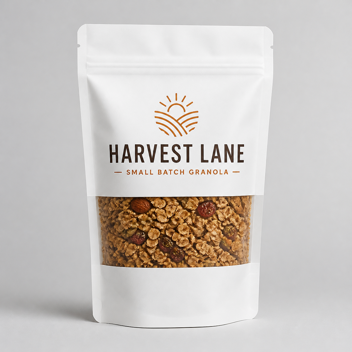 White stand-up window pouch printed with a granola brand logo