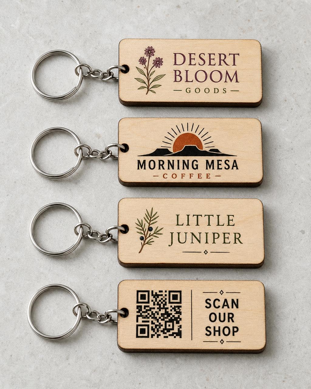 Four rectangular wooden keychains printed with boutique, coffee shop and QR code artwork