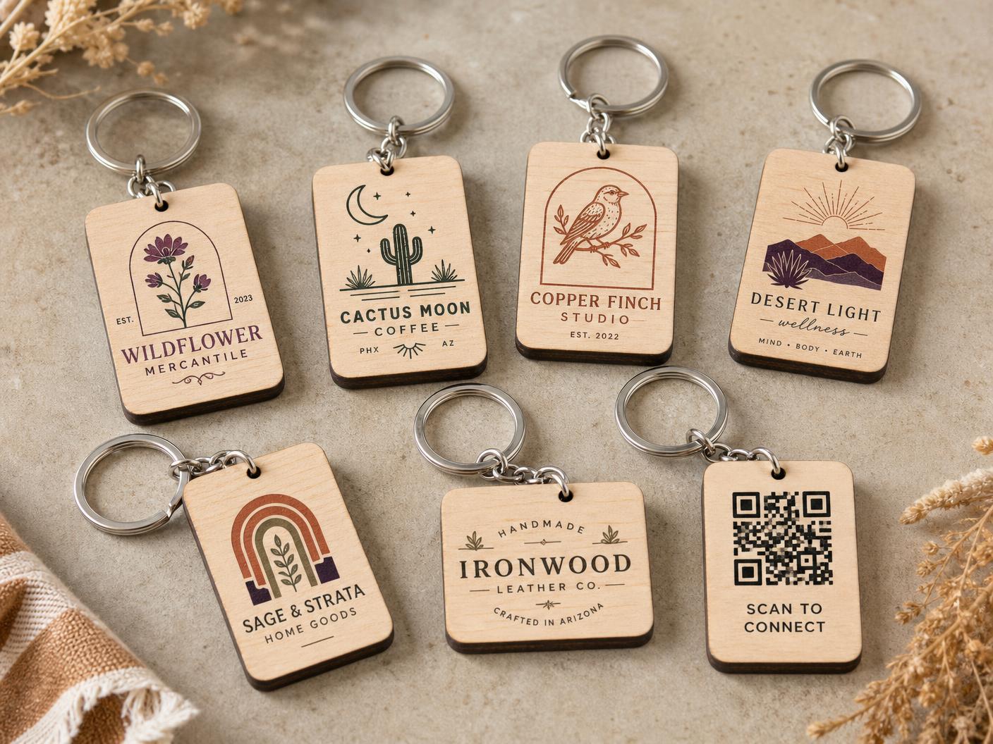 Custom printed natural wooden keychains with original logos and QR-code artwork