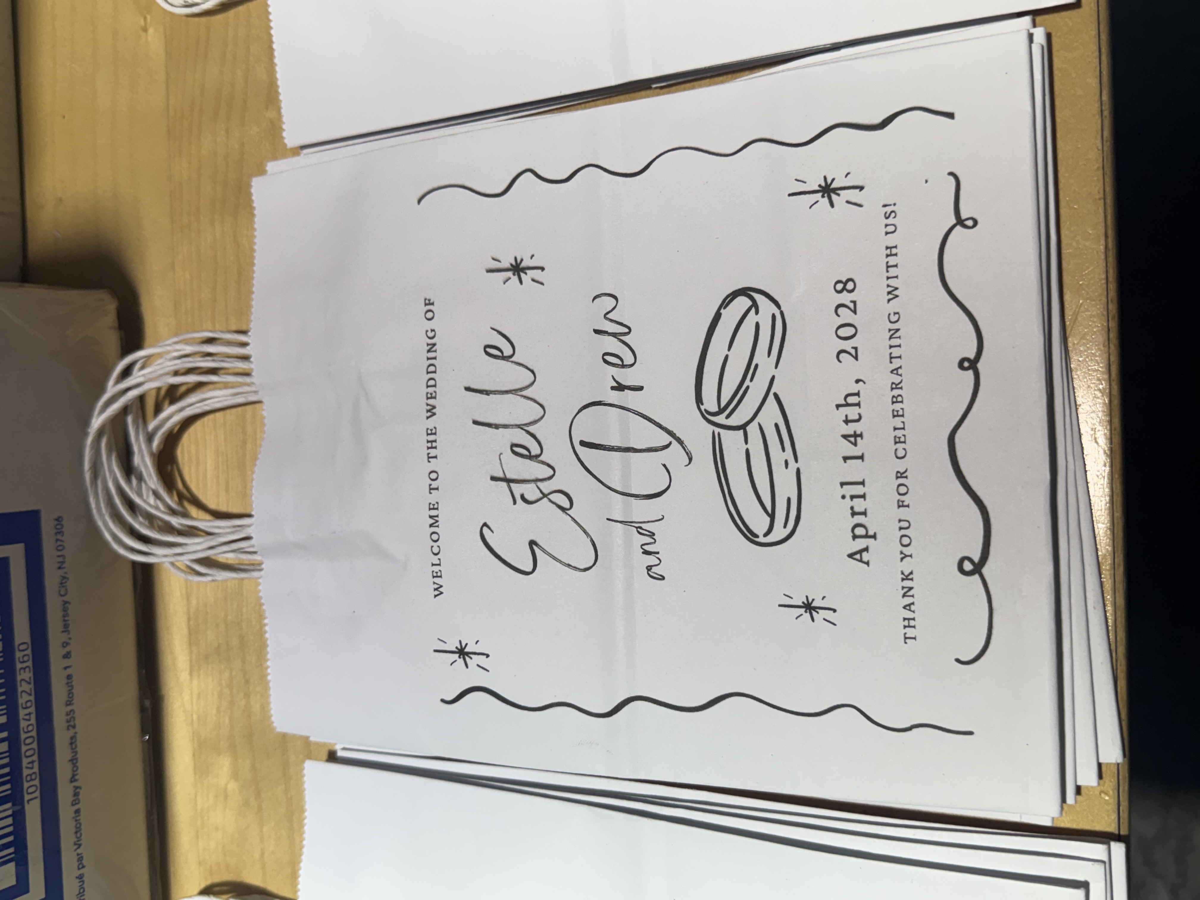 Wedding bag printed with the couple's names and date