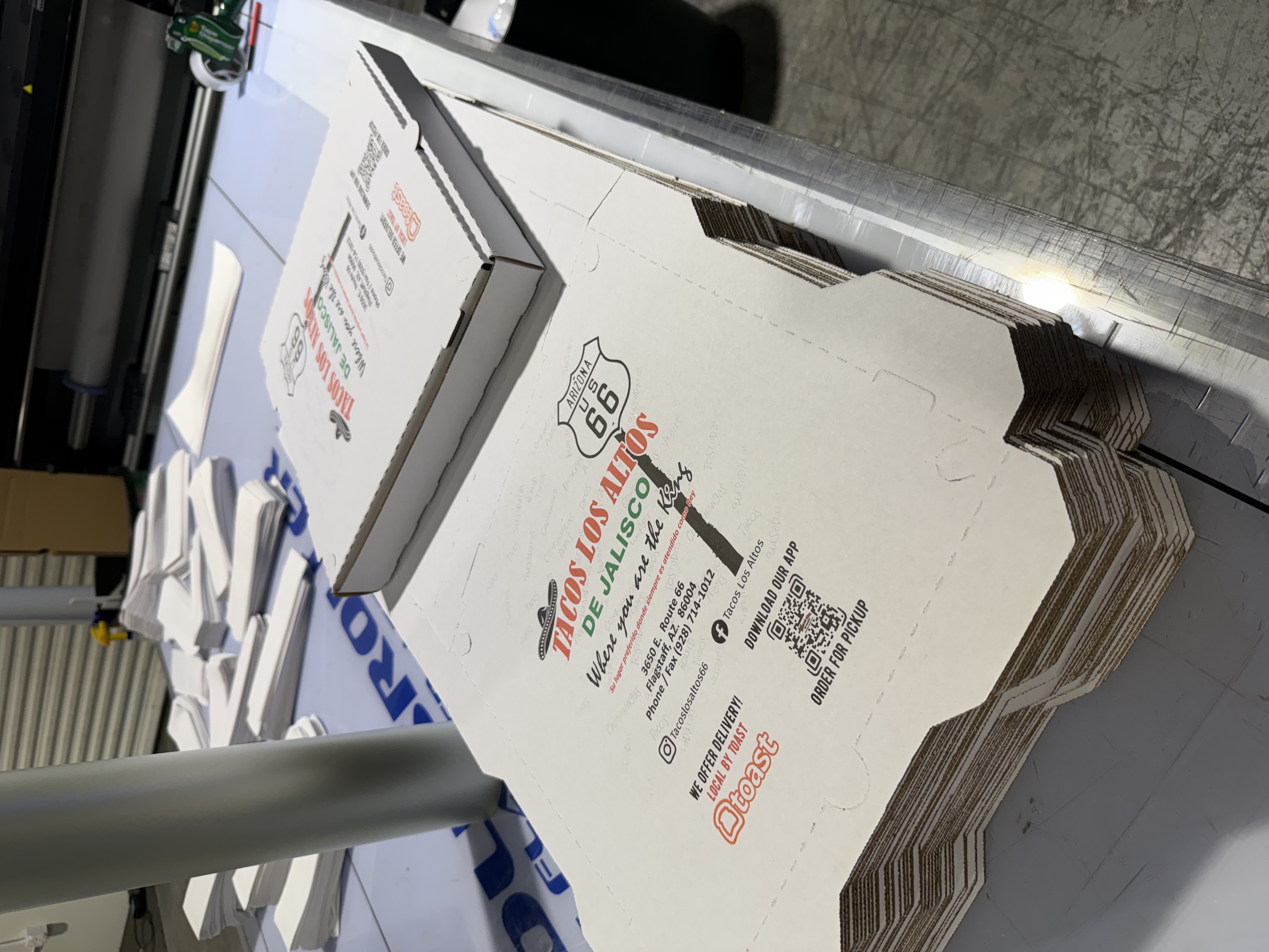 Pizza box printed with custom restaurant artwork