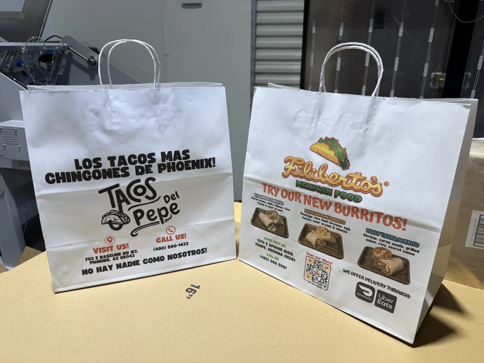 Custom printed takeout bags for a local taco restaurant