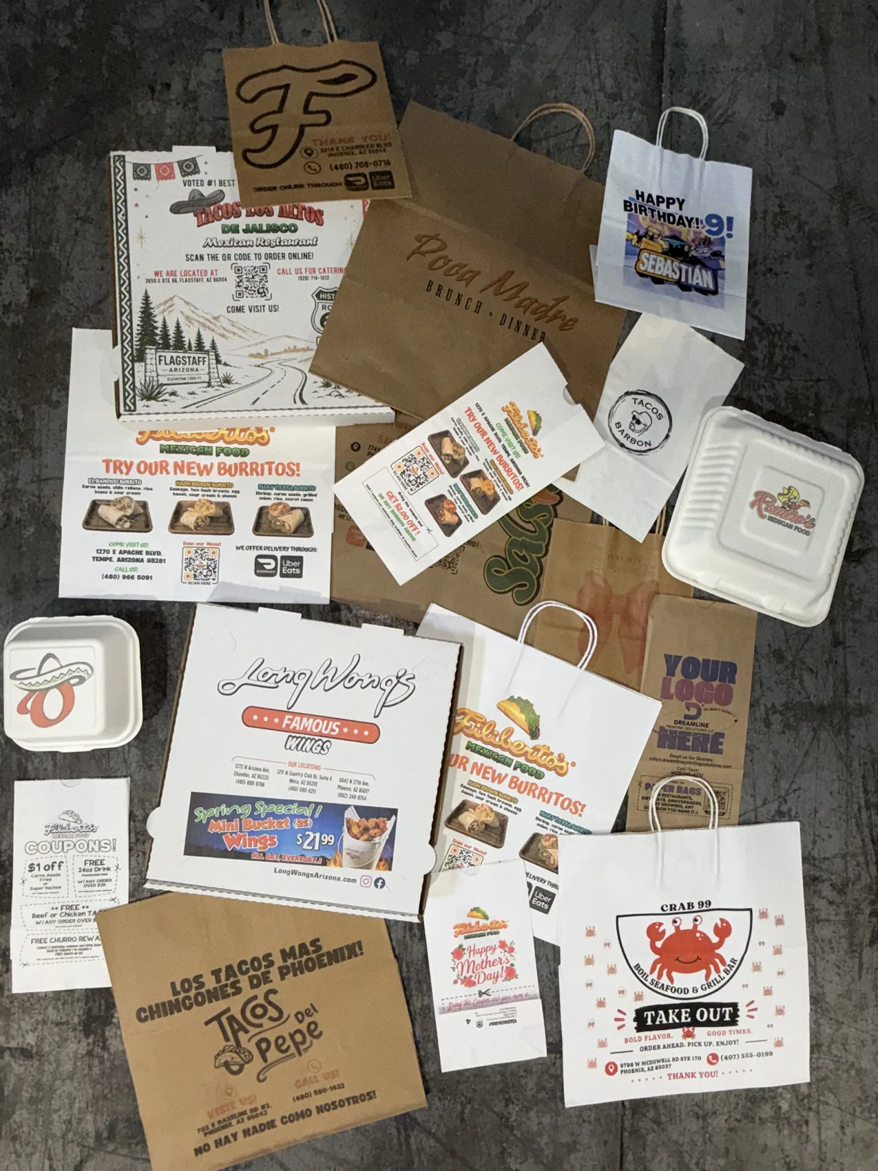 Custom printed Dreamline packaging samples arranged on a table